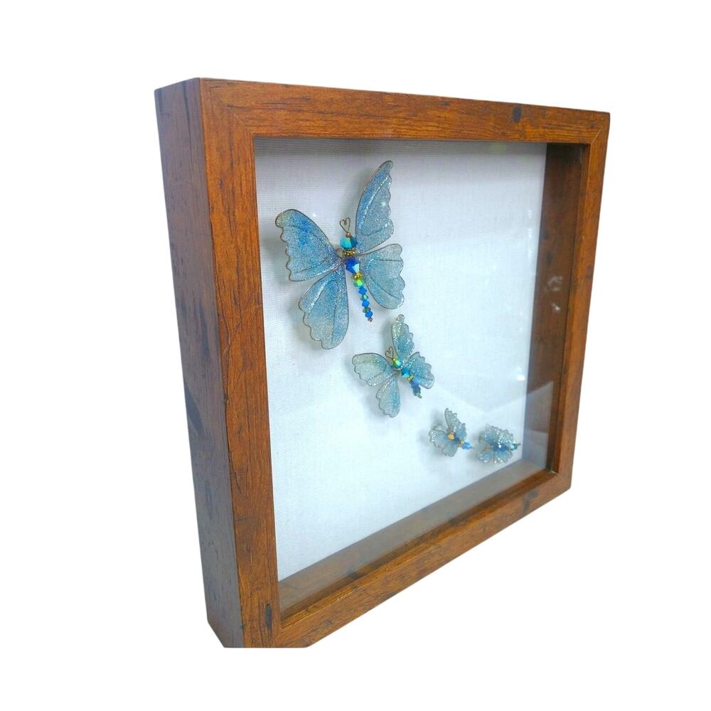 Whimsical Blue Morpho Butterfly Art Framed Shadow Box 10x10 Artisan Made Crystal